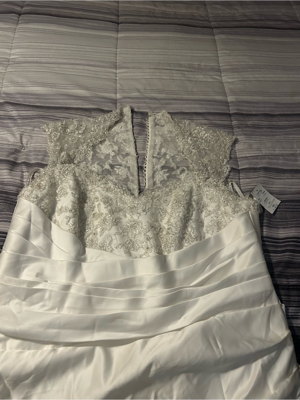 David's Bridal White Lace Bodice Satin A-Line Wedding Gown